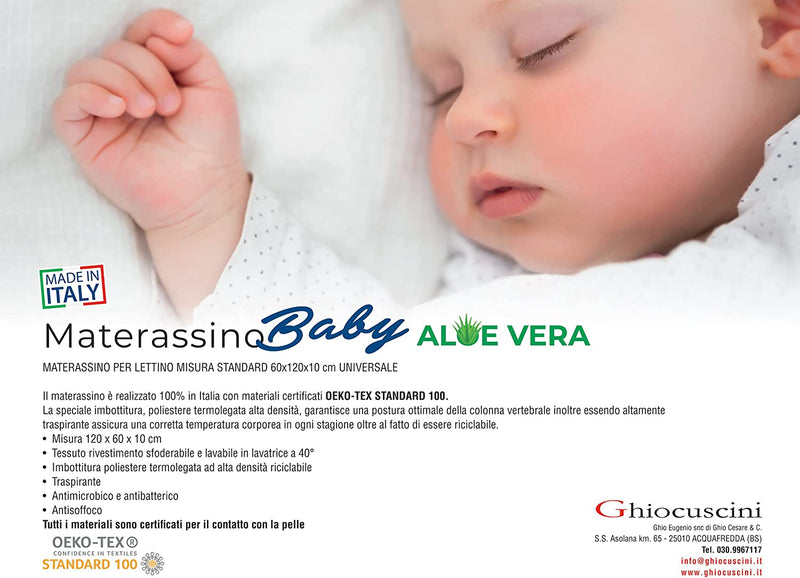 MATERASSO 120X60, MATERASSINO per LETTINO BABY ALOE VERA CM. 120 X 60 Alto 10 Cm MADE in ITALY