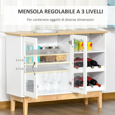 Credenza Moderna Con Armadietto, 3 Ripiani Laterali in Legno Massiccio Con Cantinetta Portabottiglie, Salvaspazio, 103X34X80Cm Bianco