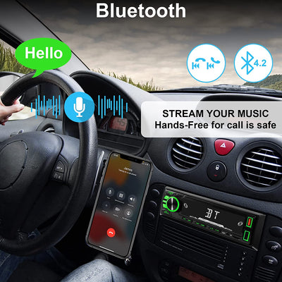 Autoradio 1 Din, Radio Auto Stereo  4X50W Con Bluetooth Vivavoce Con App Control Supporta FM/ Mp3/Sd/Aux-In/Eq/Display Orologio/Telecomando, Due Porte USB