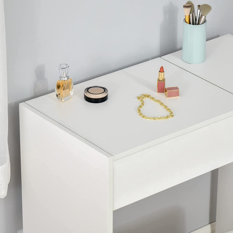 Mobile Da Trucco Con Specchio a Scomparsa E Sgabello, Tavolo Consolle Con Cassetto, 80X40X79 Cm, Bianco