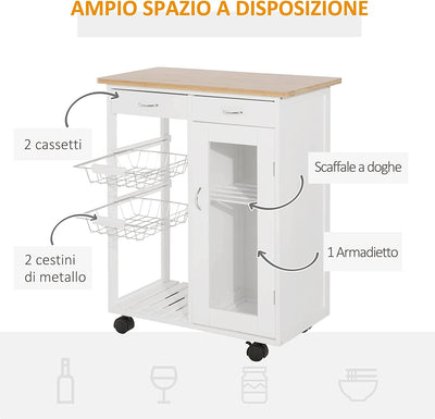 Carrello Da Cucina Rotelle, Cassetti E 2 Cesti in Legno Di Pino, Bianco, 70 X 37 X 85Cm