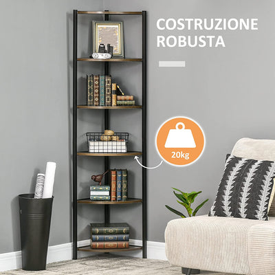 Libreria Moderna Angolare a 6 Ripiani in Metallo E MDF, Mobile Libreria a Parete per Salotto E Studio, 34X34X166Cm