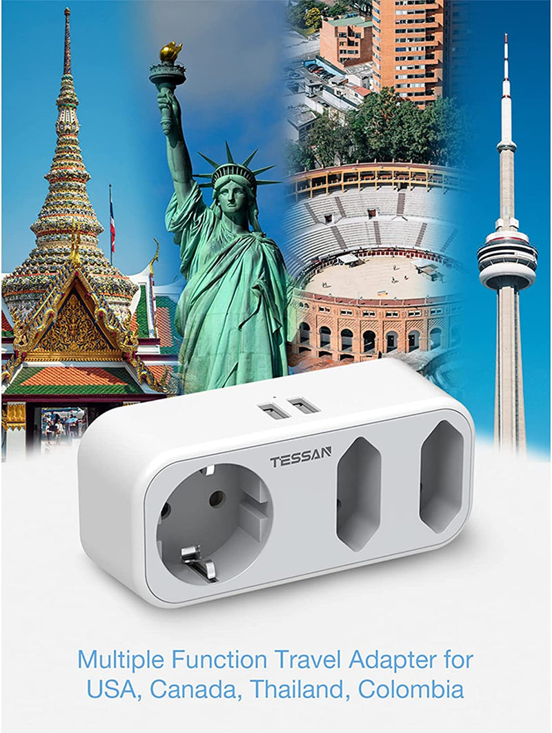 Adattatore Presa Americana,  Adattatore USA, Presa Americana Con 3 Prese E 2 USB, Adattatore Presa USA per America, Canada, Messico, Thailandia, Adattatore Americano 1875W