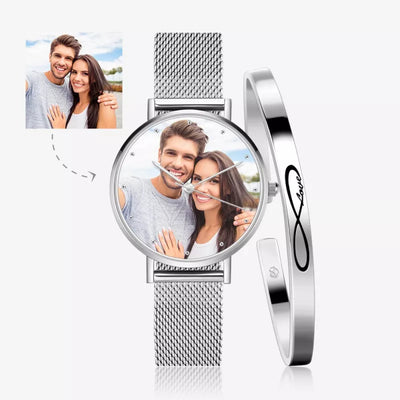 Women'S Mesh Strap Photo Watch & Infinity Bangle Set Rose Gold Plated & Silver White