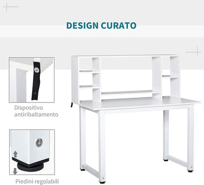 Scrivania Ufficio E Casa per Computer Con Scaffale E Ampio Piano Di Lavoro, Struttura Legno E Metallo 120X60X125Cm, Bianco