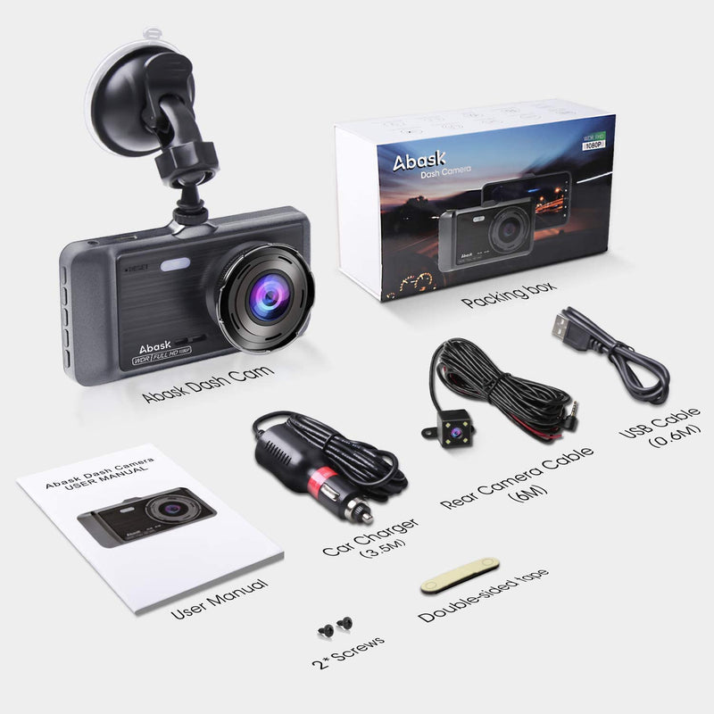 Dash Cam Doppia Telecamera per Auto,1080P Visione Notturna, Rilevatore Di Movimento, Monitor Di Parcheggio, 4 Pollici Obiettivo Grandangolare Di 310°, WDR, G-Sensor, Registrazione in Loop