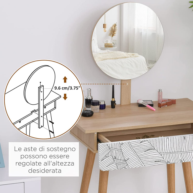 Tavolo Da Trucco Con Specchio Circolare Ф39Cm E Cassetto Con Decorazione Jungle, Bianco E Rovere, 70X39X119-128Cm