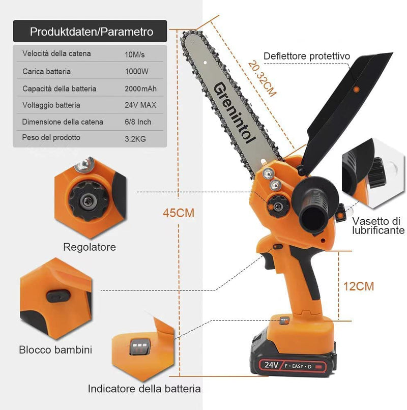 Mini Motosega a Batteria,8 Pollici Motosega per Potatura,4000Mah,2 Batterie,24V Sega a Batteria,Catene Intercambiabile,Adatta per Taglio Legno Alberi E Rami Potatura