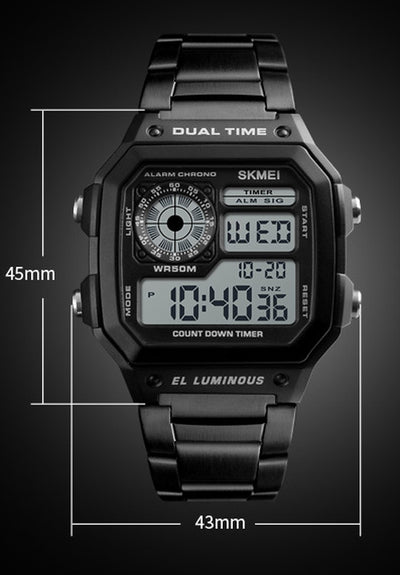 Business Steel Belt Electronic Watch Double Display Multi-Function Sports Waterproof Watch