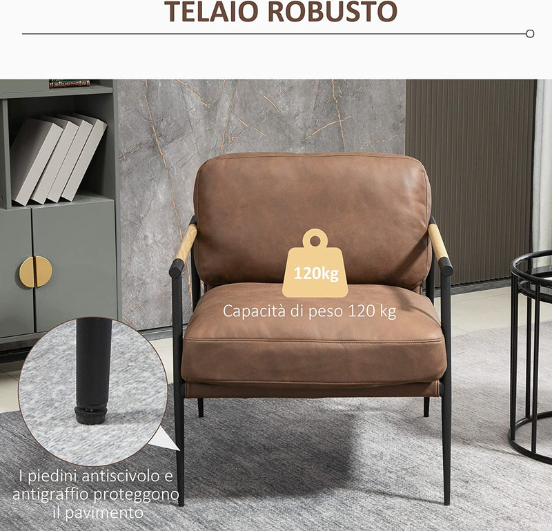 Poltroncina Imbottita in Stile Industriale, Poltrona in Similpelle Con Struttura in Acciaio, 72X76X80Cm, Marrone