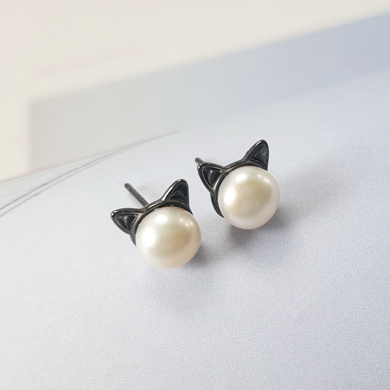 925 Sterling Silver Natural Freshwater Pearl Sprouting Cat Cat Ears Earrings