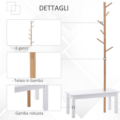 Panca Appendiabiti Attaccapanni per Ingresso Camera Da Letto, Bambù, Bianco Legno, 80X30X180Cm