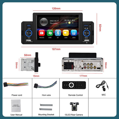 Autoradio 1 Din Con Schermo Bluetooth 5 Pollici Touch Screen Universale 1 Din Auto Stereo Vivavoce Mirror Link FM Radio Supporta Usb/Aux-In/Sd Card/Swc + Telecamere Retromarcia Lettore MP5