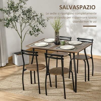 Set Tavolo E Sedie Con 1 Tavolo Rettangolare E 4 Sedie in Acciaio E MDF per Cucina, Sala Da Pranzo E Spazi Limitati, Marrone Noce E Nero