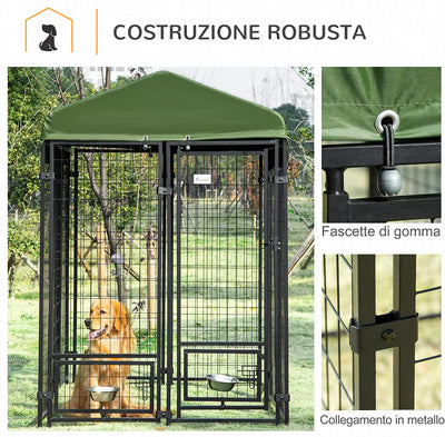 Kennel per Cani in Acciaio per Interni Ed Esterni Con Tettuccio in Tessuto Oxford E 2 Ciotole, 244X122X183 Cm, Nero E Verde Scuro