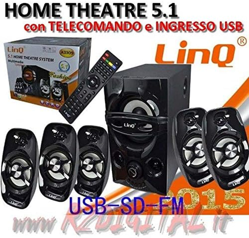 KIT CASSE ACUSTICHE A3309 SISTEMA DI ALTOPARLANTI DOLBY SURROUND 5.1 Con USB HOME CINEMA TELECOMANDO HD per TELEVISORE SALOTTO O PC COMPUTER