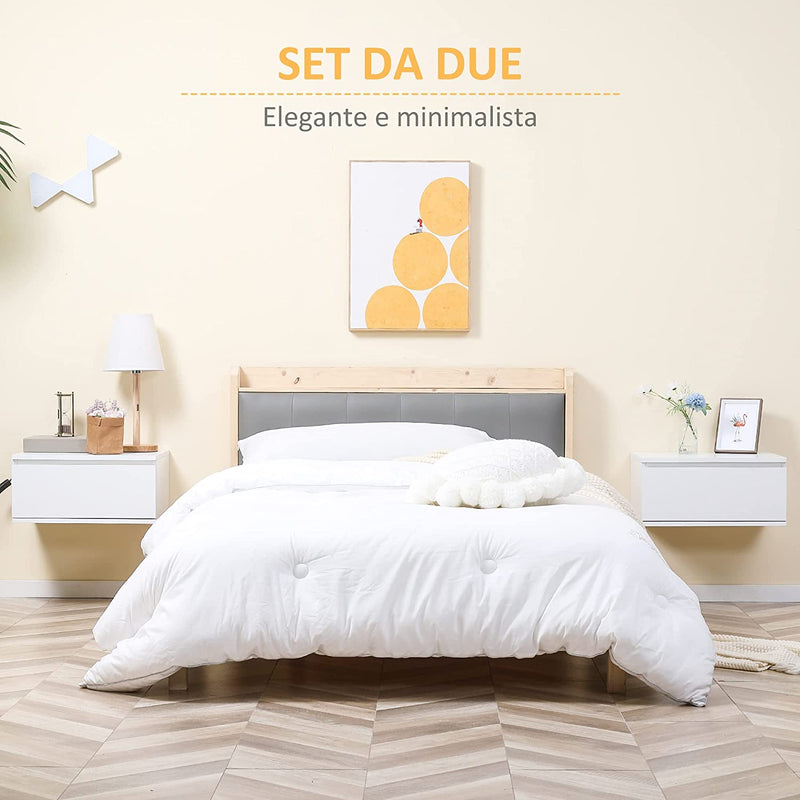 Set 2 Pz Comodino Moderno Con Cassetto E Design Sospeso per Camera Da Letto E Soggiorno, in Truciolato E MDF, 49X38X23Cm, Bianco