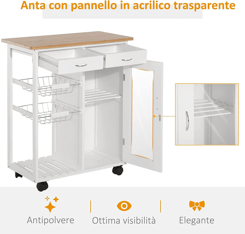 Carrello Da Cucina Rotelle, Cassetti E 2 Cesti in Legno Di Pino, Bianco, 70 X 37 X 85Cm