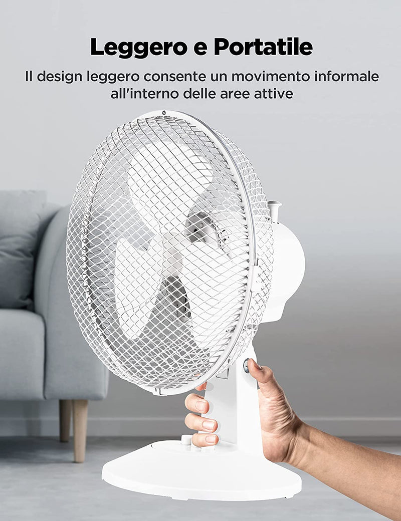 FT23-21M Ventilatore Da Tavolo 25W Diametro 23Cm Ventilatore Silenzioso Ventola a 3 Pale, 2 Livelli Di Velocità, Oscillazione 80°Bianco