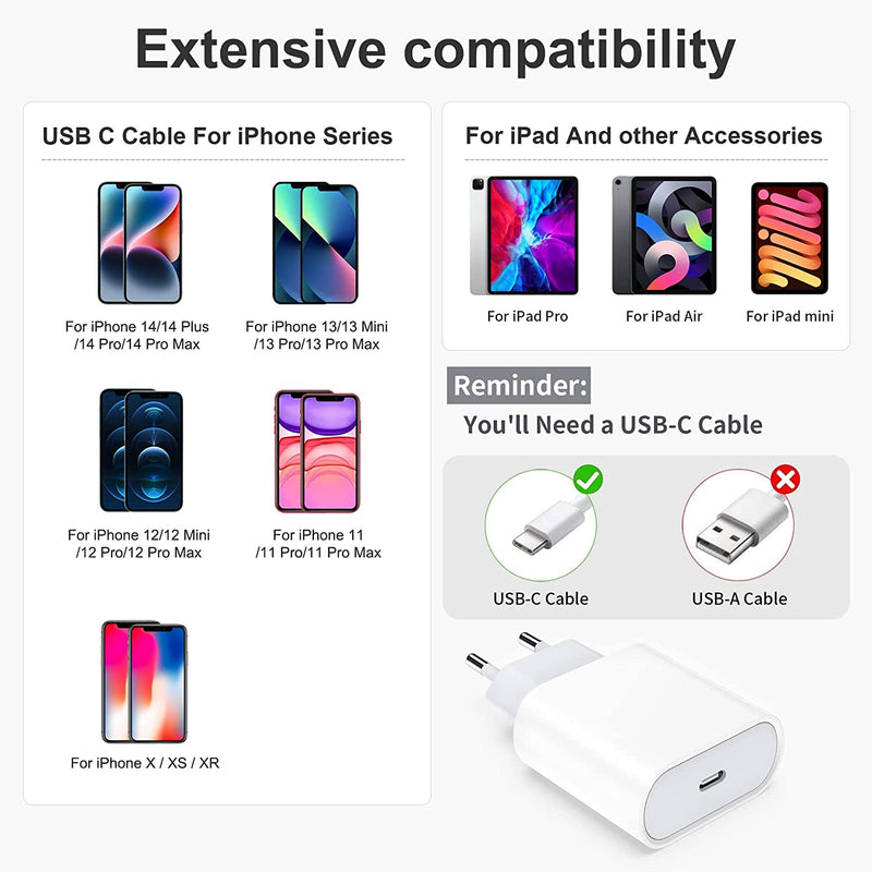 Caricatore Rapido USB C 20W with 2M Cavo for Iphone 14/14 Pro/ 14 Pro Max/ 14 Plus/ 13/12/11/XS/XR/X/8, Airpods,  USBC Caricabatterie Spina Adattatore Alimentatore Presa Carica Muro Ricarica