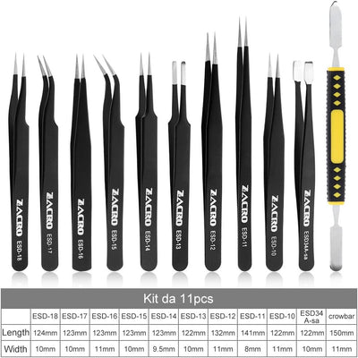 11 Pezzi Pinzette Industriali Antistatiche in Acciaio Inossidabile Pinzetta Elettronica Di Professionali Precisi per Riparazione Gioielli E (Non Magnetico)