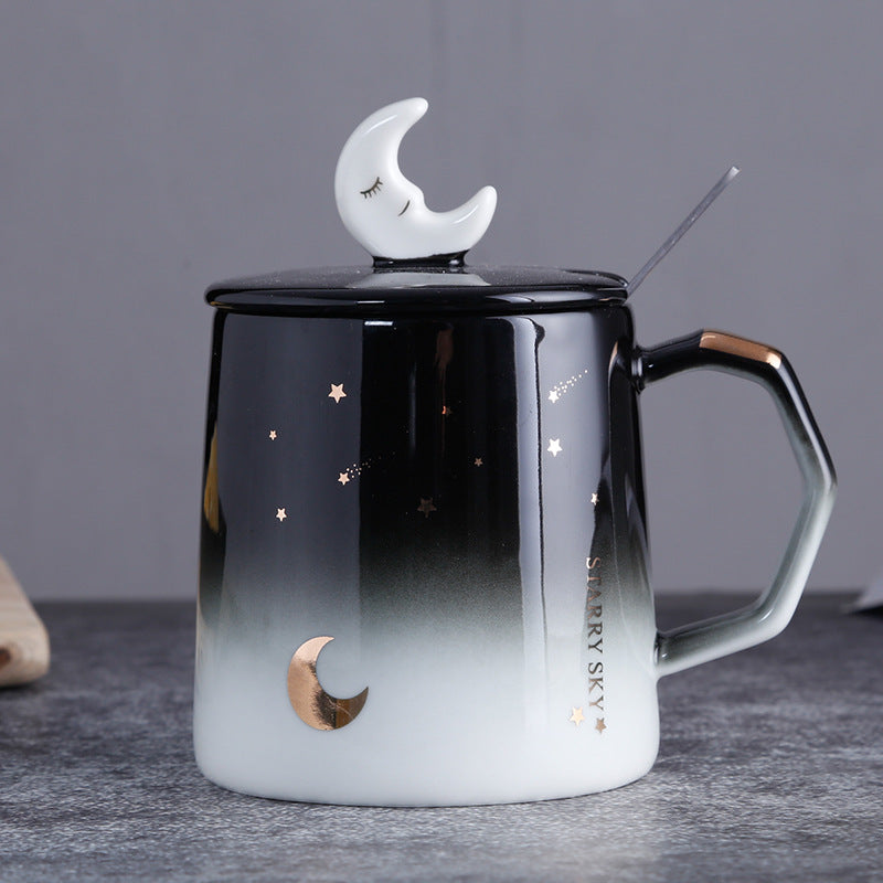 Starry Sky Mug with Lid Spoon Personality Trendy Ceramic Water Cup