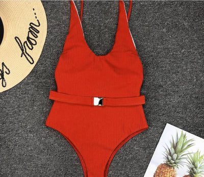 Women'S One-Piece Swimsuit European and American Solid Color Special Fabric Belt Buckle One-Piece Bikini