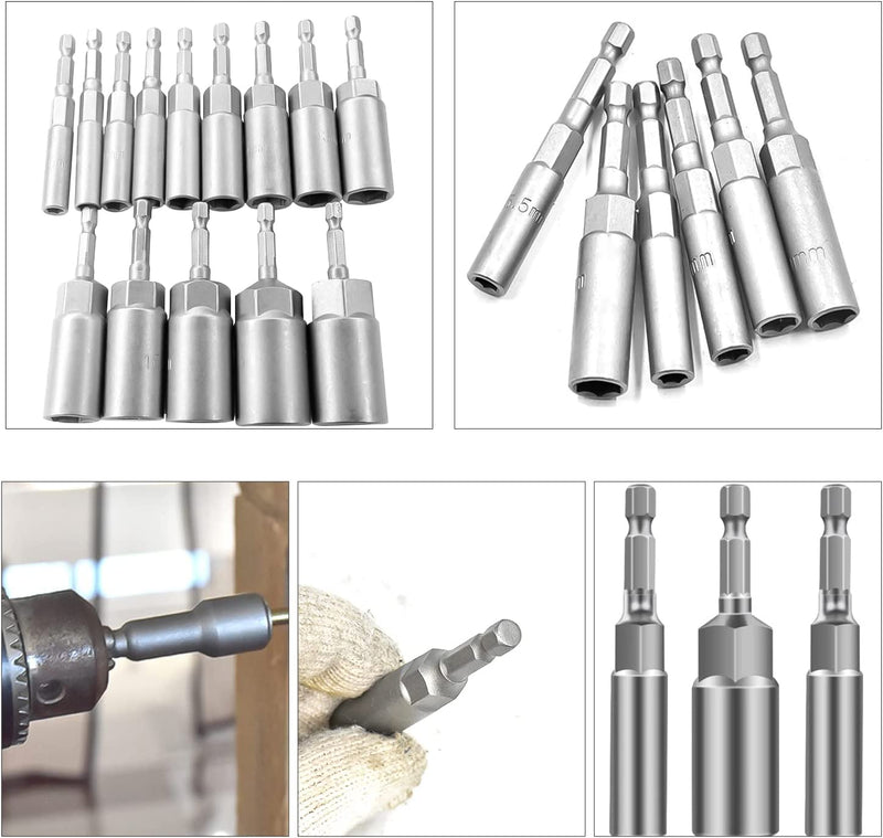 14 Pezzi Bussole per Avvitatore Bussole Esagonali, 6–19 Mm Hexagon Nut Driver Drill Bit Approfondire 34Mm, Attacco Esagonale Da 1/4"" per Trapani, Dadi E Adattatori per Bussole a Percussione