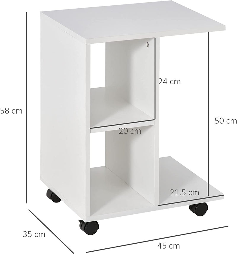 Tavolino Da Salotto a C Con 2 Ripiani Aperti E 4 Ruote Girevoli, in Truciolato, 45X35X58Cm, Bianco