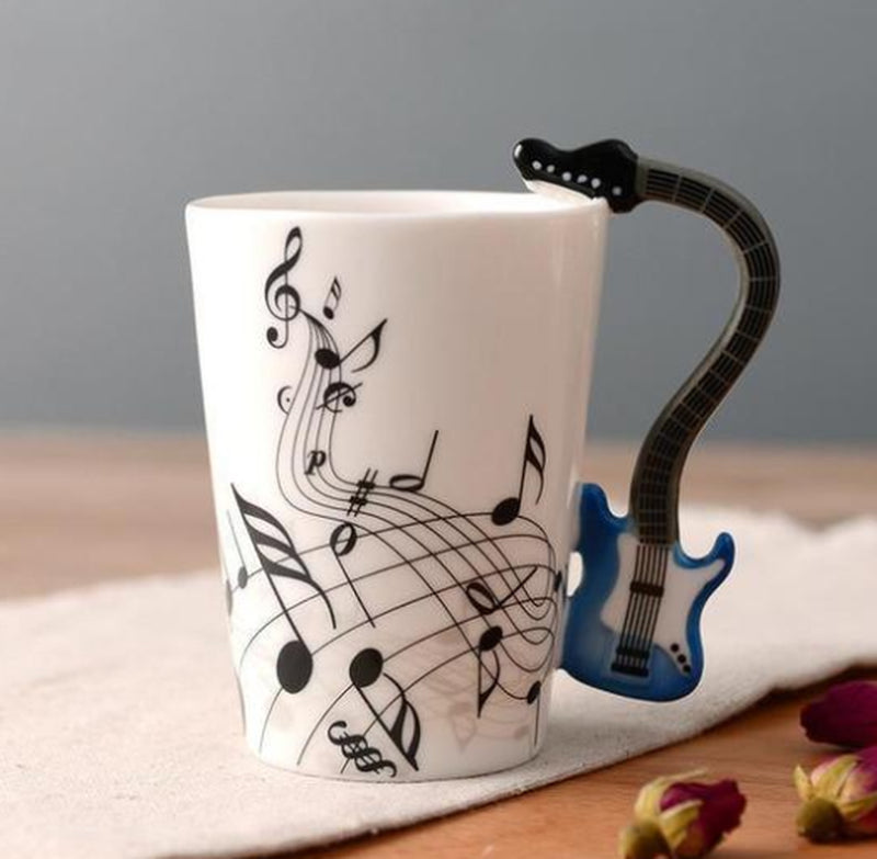 Coffee Cup with Music Notes in the Form of Saxophone Handle Ceramic Porcelain Cup of Tea Milk Method