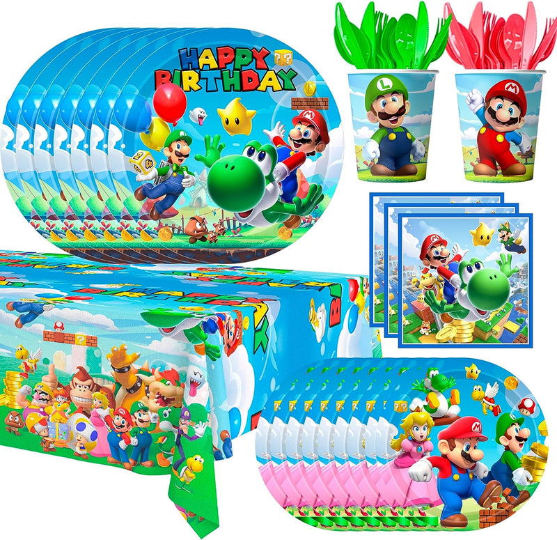 Stoviglie Super Mario Compleanno, 161Pcs Kit Compleanno Super Mario Includere Piatti Super Mario Compleanno Tovagliolo Bicchieri Tovaglia Etc Forniture per Decorazioni Compleanno Super Mario