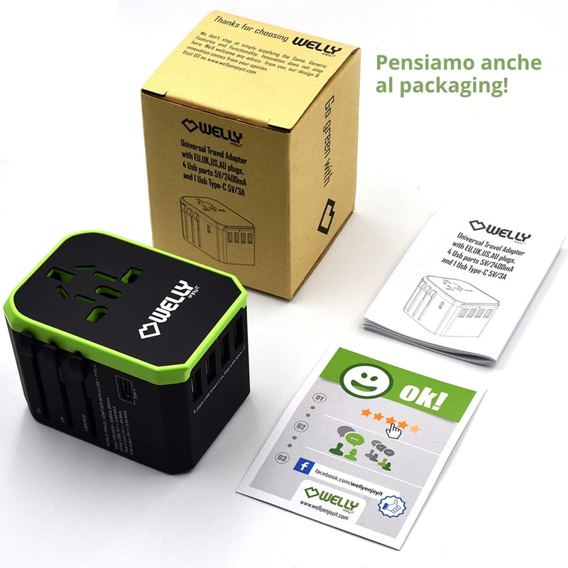 Adattatore Universale Da Viaggio Con Spine EU, UK, US, AU, 4 Porte USB E 1 Porta Type-C