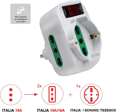 Adattatore Multipresa Tripla,Con Protezione Sovraccarico Ed Interruttore,Adattatori Da Schuko a Spina Piccola 10A,Spina Rotante,Bianco,Confezione Da 2