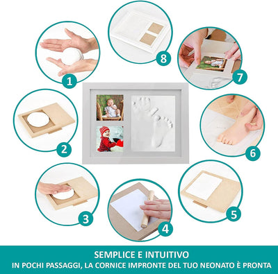 Cornice Impronte Neonato 5ª Generazione - Kit Impronte Mani E Piedi in Argilla Morbida - Regalo per Neonati Con Portafoto Da Tavolo E Parete