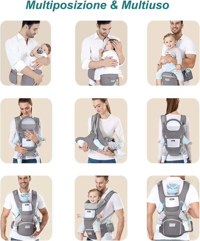 Marsupio Neonati Ergonomico, Porta Bambino Con Sedile Multiposizione, Con Poggiatesta E Cappuccio, Puro Cotone Traspirante Leggero, Ideale Neonati E Bambini Da 0-36 Mesi(Inferiore a 25Kg) Grigio