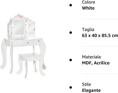 Kids Vanity Table & Stool Girls Dressing Set Make up Desk Chair Dresser Play Set with Rotatable Mirrors Drawer Star & Heart Pattern White