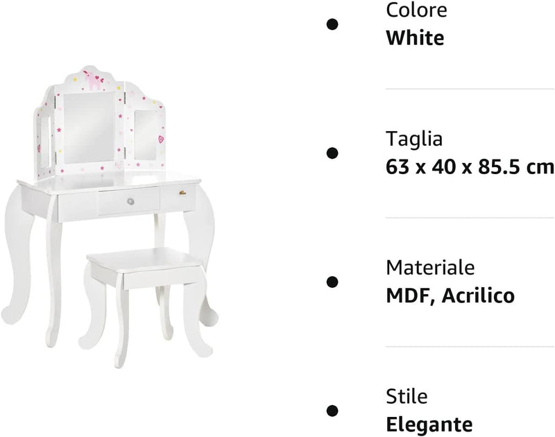 Kids Vanity Table & Stool Girls Dressing Set Make up Desk Chair Dresser Play Set with Rotatable Mirrors Drawer Star & Heart Pattern White