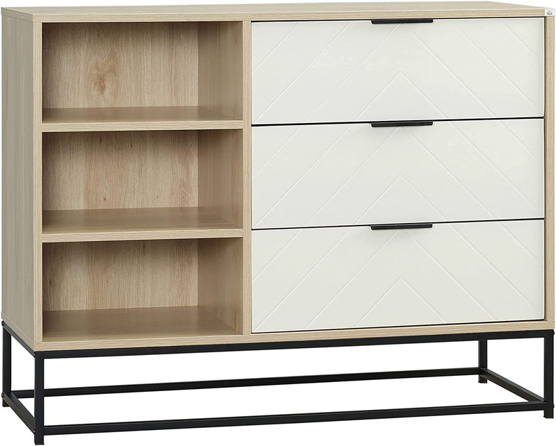 Credenza Moderna a Base Rialzata, Mobiletto Multiuso Con 3 Cassetti E 3 Ripiani Aperti in MDF, Truciolato E Acciaio, 100X40X79.5 Cm, Bianco E Color Legno