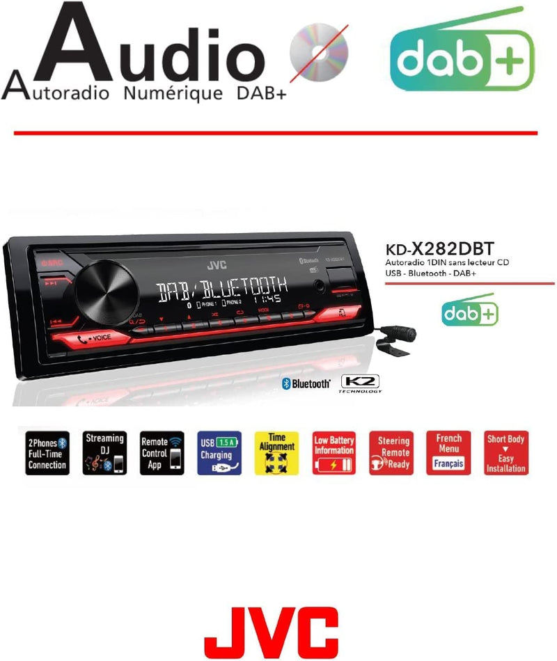 , Autoradio Bluetooth KD-X282DBT, Digital Media Receiver Con DAB+, Chiamate in Viva Voce E Streaming Audio Con App , Display LCS, AUX Frontale E USB Retroilluminata, Nero