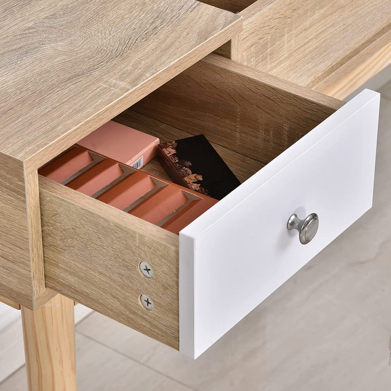 Tavolo Da Trucco Moderno Con Specchio Estraibile, Organizer Gioielli, 2 Cassetti E Sgabello, Color Legno