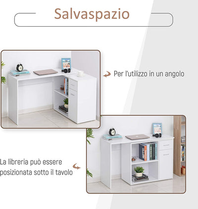 Scrivania Angolare Con Libreria Scaffale in Legno Bianco, Tavolo Da Pranzo per Computer Con Rotazione a 180°, 173X39.8X74 Cm