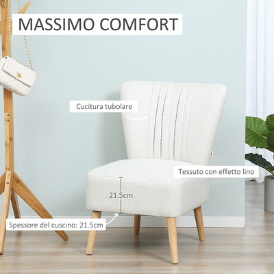 Poltrona Imbottita per Soggiorno E Sala in Stile Nordico, Poltroncina Da Camera in Tessuto E Gambe in Legno, Bianco