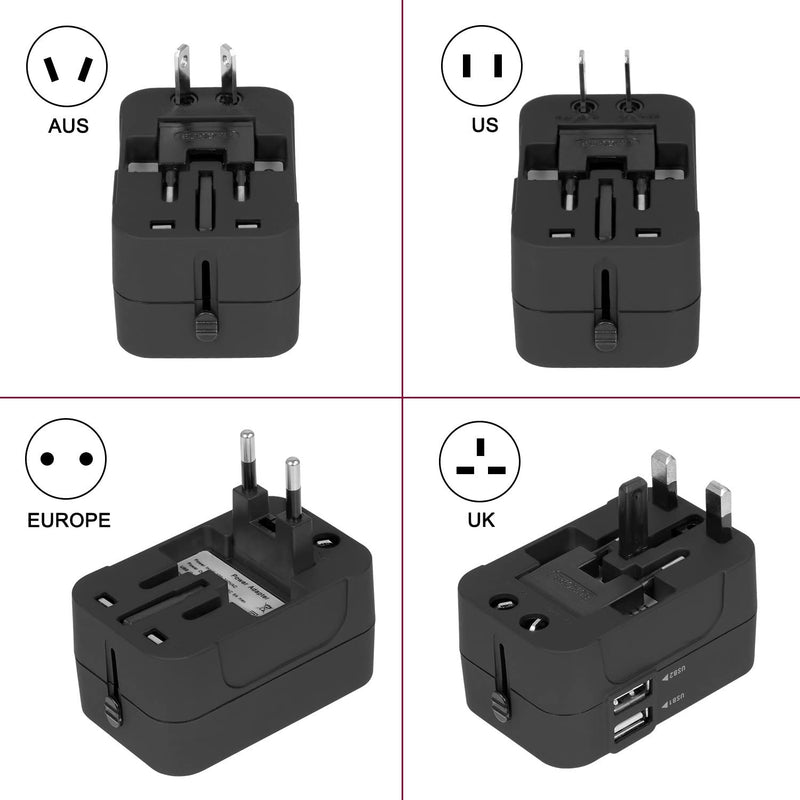 Adattatore Da Viaggio,  Adattatore Da Viaggio Universale Con 2 Porte Caricabatterie USB Adatto per Più Di 180 Paesi (Nero)