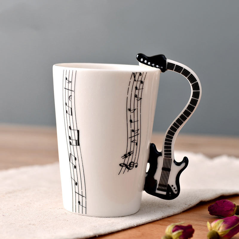 Coffee Cup with Music Notes in the Form of Saxophone Handle Ceramic Porcelain Cup of Tea Milk Method