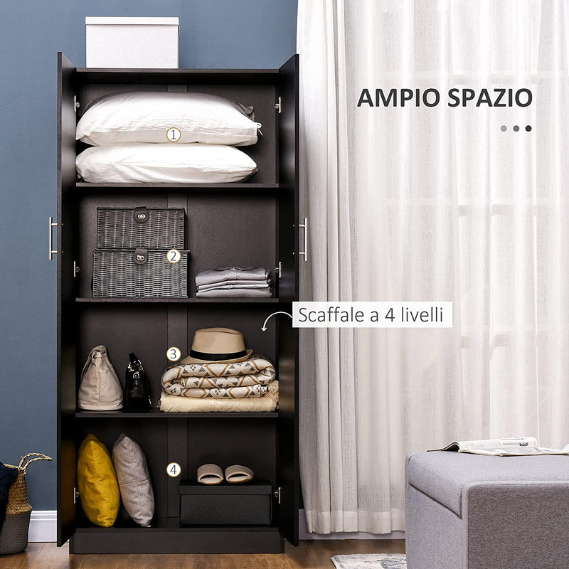 Armadio 2 Ante Moderno Con 4 Ripiani, Guardaroba in Legno MDF 80X40X180Cm, Nero