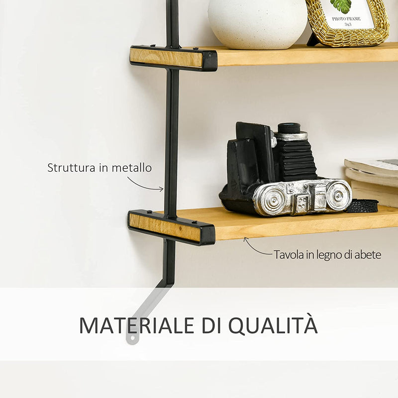 Libreria Moderna Sospesa a Scaletta, Scaffale in Legno E Metallo per Soggiorno E Salotto 51X15X63.5Cm, Naturale