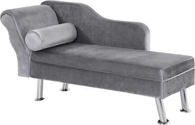 Chaise Longue Imbottita in Stile Vintage, Poltrona Letto Con Cuscino Incluso, in Metallo E Velluto Grigio, 160X56X75 (Cm)