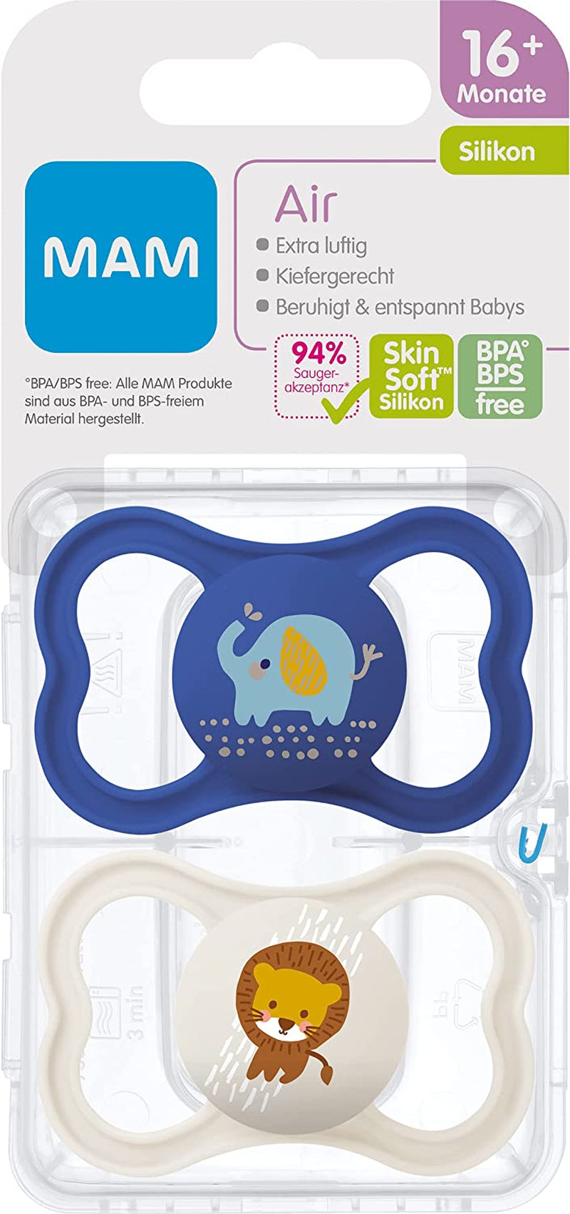 Istruzioni in Lingua Straniera  Ciuccio Air in Silicone, Set Da 2 Pezzi, Extra Leggero E Arioso, per Bambini, Adatto Ai Denti, in Speciale Silicone Skinsoft, 16 Mesi, Elefante/Leone