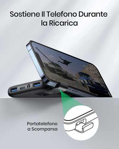 Power Bank, 10500Mah 22,5W PD3.0 QC4.0 Powerbank a Ricarica Rapida Display LED Caricatore Portatile Più Sottile Con Portacellulare & Torcia, per Iphone 12 Airpods Samsung S21 S20 Huawei ECC.