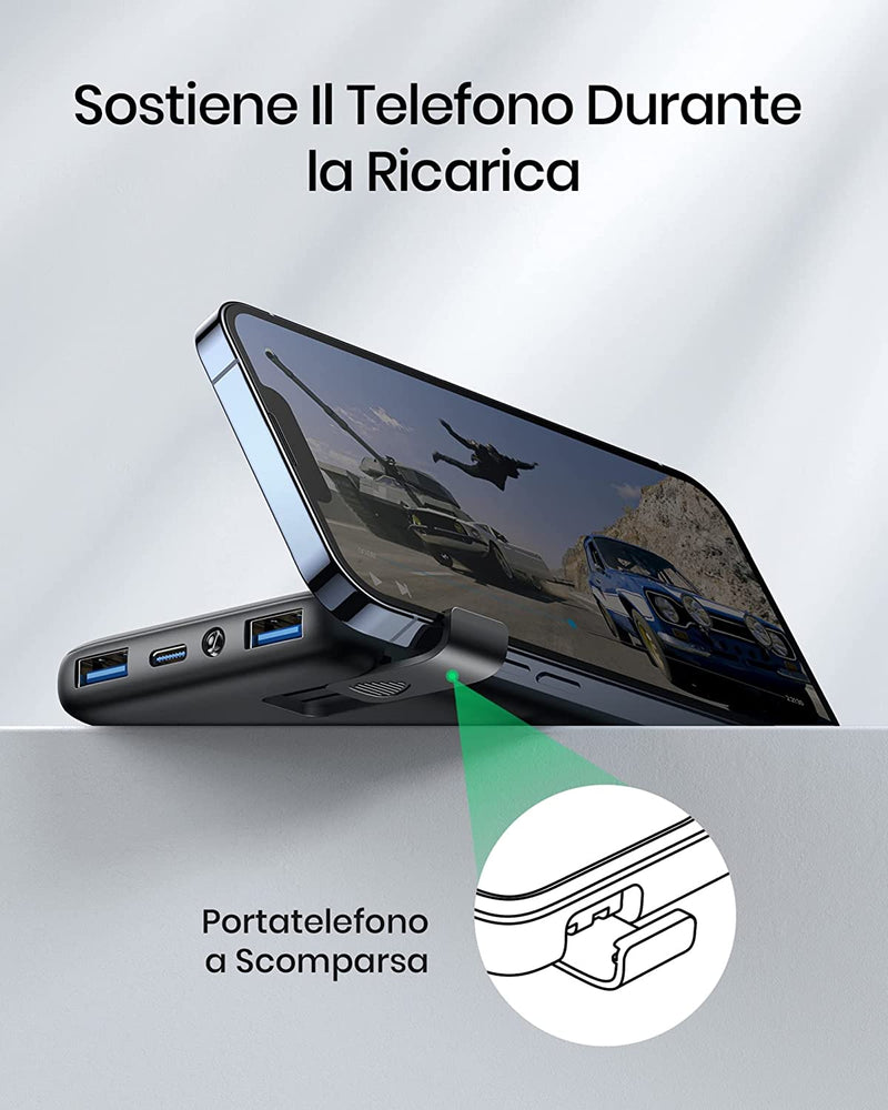 Power Bank, 10500Mah 22,5W PD3.0 QC4.0 Powerbank a Ricarica Rapida Display LED Caricatore Portatile Più Sottile Con Portacellulare & Torcia, per Iphone 12 Airpods Samsung S21 S20 Huawei ECC.